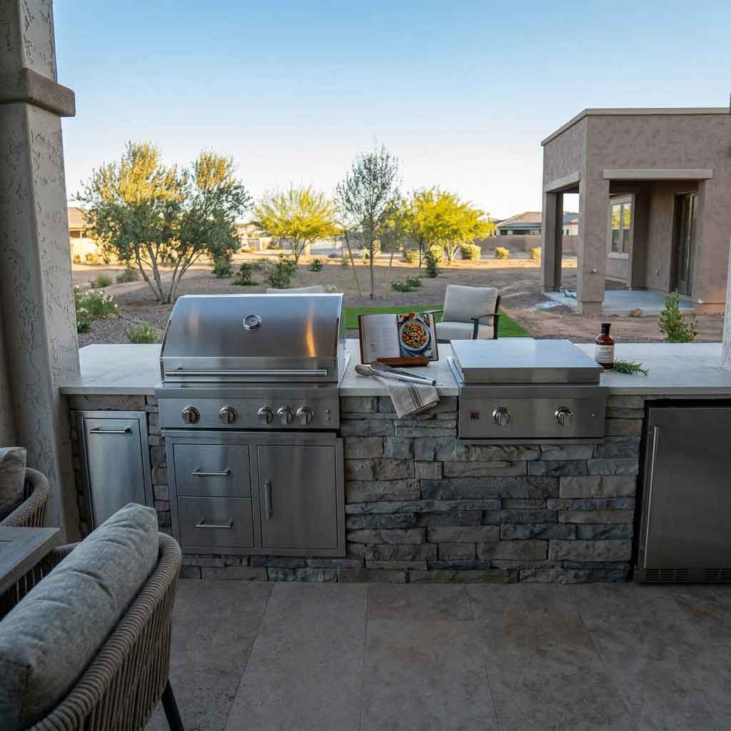 Premium outdoor living space design with BBQ and Kitchen area.