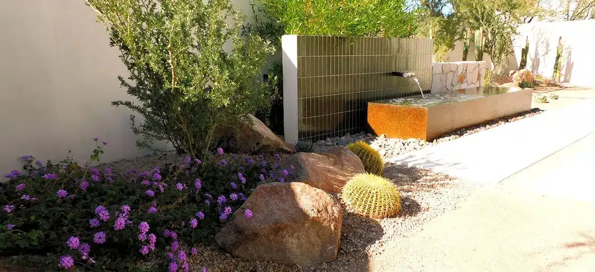 Desert landscaping design with water feature in Arizona
