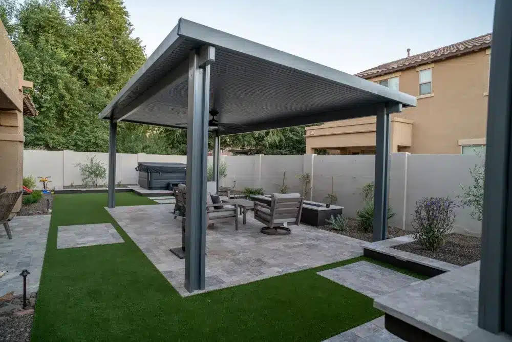 Backyard gazebo hardscape design installation in a Gilbert Home.