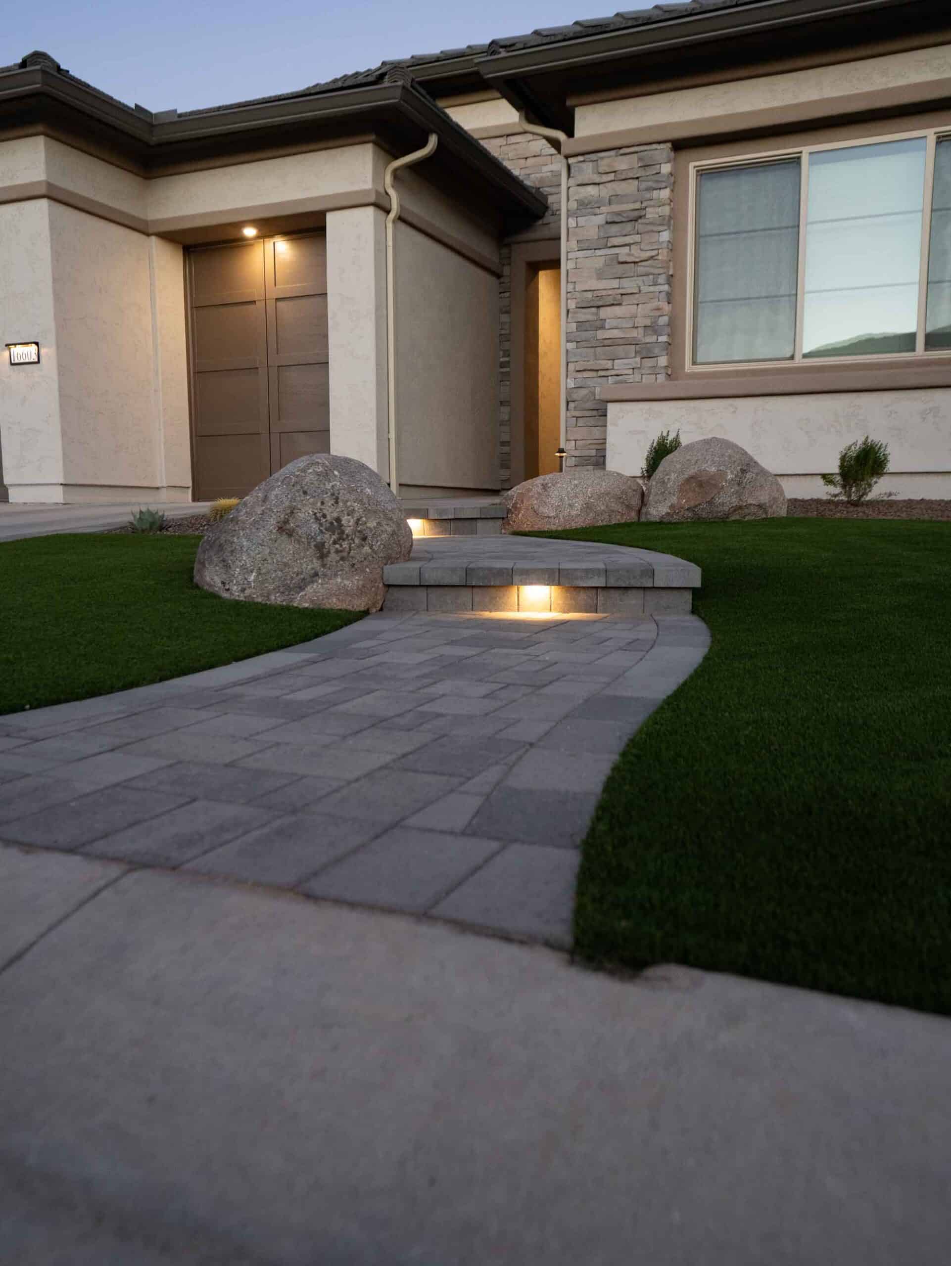 Up-close shot of pavers and front yard landscape design in Gilbert, Arizona