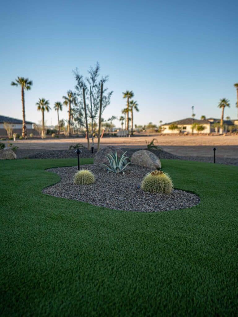 Ground view of artificial turf with plant and cactus installation